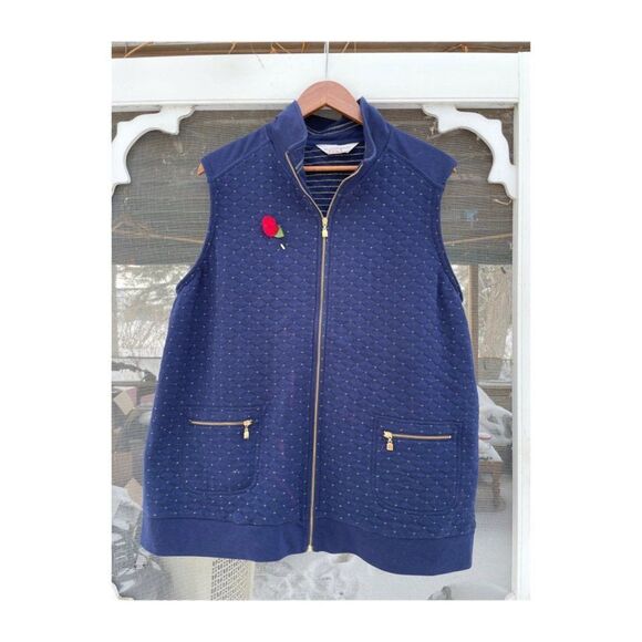 Allison Daley Navy Blue Zip Vest Quilted 100% Cotton Gold Details Volup - Picture 1 of 5